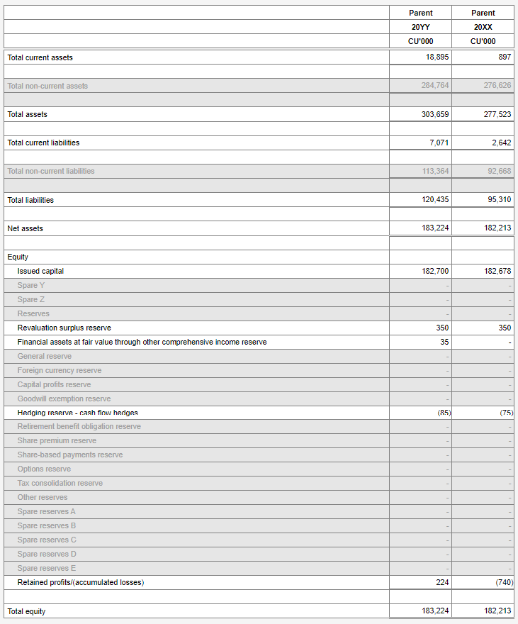 Image shows the Parent entity table with the Over disclosure-parent option set to Yes - net assets.